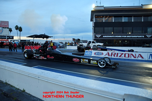 Shawn Cowie 
(near lane) vs Johnny Ahten (far lane) - Top Alcohol Dragster final round